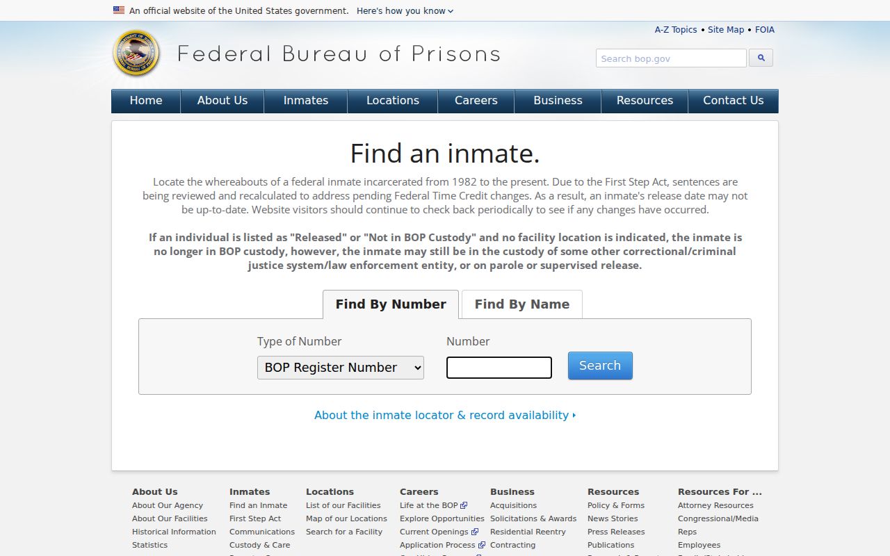 Putnam County federal criminal history custody search through the Bureau of Prisons